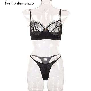 【lemon】 Ruffle Lace Lingerie Women's Underwear Transparent Bra Set Underwear Hollow out 【CO】 (4)