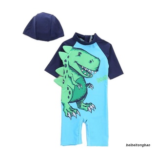 beibeitongbao anti-uv traje de baño con dinosaurio impreso verde gorra de natación de manga corta de secado rápido niños bebé niños mono jersey de buceo