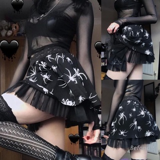 bef mujer gótico punk araña impresión encaje cintura alta volantes negro mini falda plisada