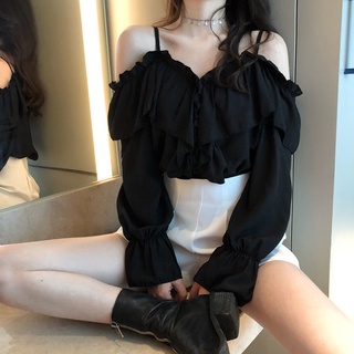 ✨ De moda✨De gasa2021Otoño nuevo estilo coreanoVCuello espagueti-Correa volantes suelta campana manga camisa mujer camisa moda
