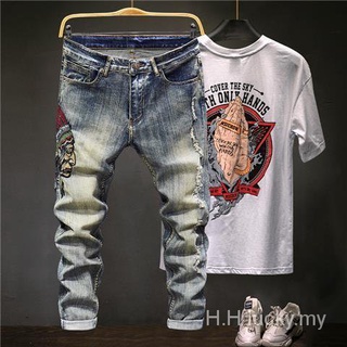 Indio bordado Jeans de los hombres de la marca de moda de verano delgado delgado ajuste pequeño pantalones rectos de moda (6)