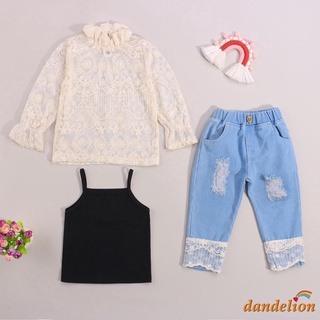 Dandelion-Conjunto De ropa casual tres piezas/camisón negro/negra/cuello/ropa De mezclilla con agujeros rotos