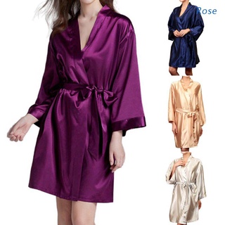 Kimono bata De Vestir De Kimono De Seda corta para mujer Vestido abierto De color sólido suelto De Dama De honor bata De Pijamas con cinturón (1)
