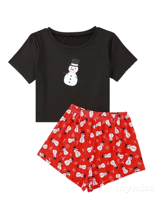 ctcc-mujer 2 piezas conjunto de traje de navidad de dibujos animados muñeco de nieve impresión camiseta+pantalones cortos conjunto loungewear conjunto (1)