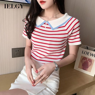 IELGY pearls short sleeves casual loose knitted Stripes top Polo shirt small and fresh slim fit (1)