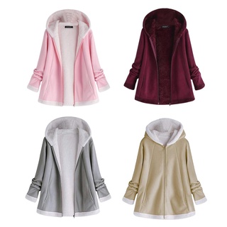♛Women Plush Zipper Stitching Coat Long-Sleeves Fleece Thicken Hooded Jacket♛