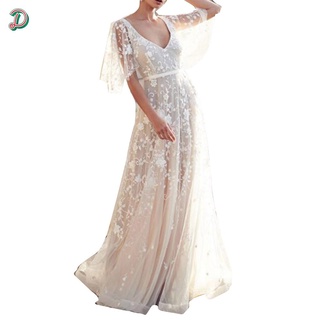 vestido de novia blanco con aplicaciones de encaje para playa/vestido de novia con cuello en v (1)