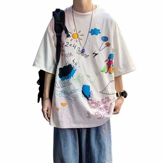 Camiseta de gran tamaño de los hombres suelto de cinco puntos de la manga de la tendencia ins estilo hip-hop graffiti de manga corta marea de verano nueva ropa de media manga camisa de los hombres camiseta