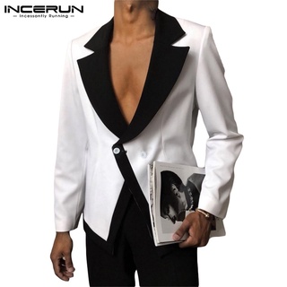 incerun hombres estilo occidental negro blanco contraste color manga larga moda blazer