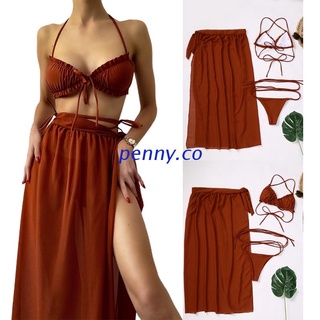 NNY Women Sexy 3pcs Bikini Set Solid Color Halter Ruffled Bra Strappy Thong Swimsuit with Mesh Maxi Beach Skirt Bathing Suit