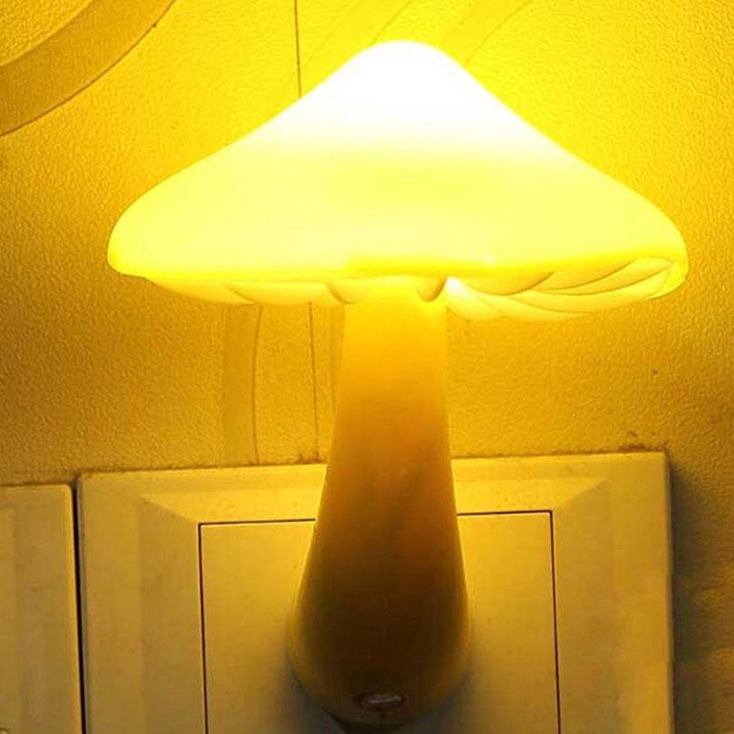 led mesita de noche amarillo sensor de luz seta cabeza luz de noche