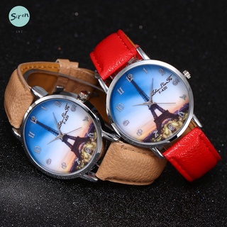 reloj de pulsera de cuarzo deportivo con patrón de torre con correa de cuero para mujer