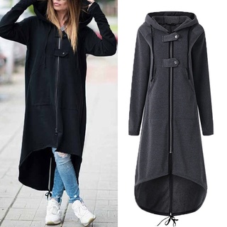 Long Coat Women Hooded Long Sleeve Zip-up Asymmetric Hem Long Hoodie Coat Jacket