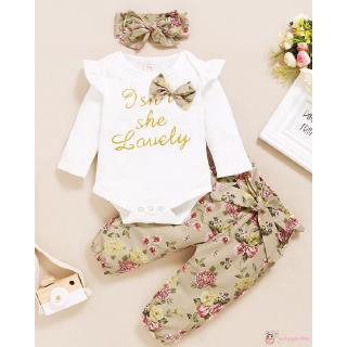 Juego de ropa de bebé niña con letras frescas de manga larga y pantalones florales con diademas turbantes