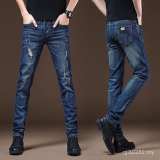Primavera y verano nuevo agujero exterior Jeans masculino delgado recto Casual Color de pelea (9)