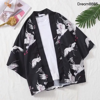 [drem t.sh] casual hombres flying crane delantero abierto 3/4 manga kimono cardigan yukata abrigo camisa