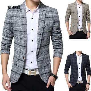 freshone hombres moda slim fit traje blazer abrigo chaqueta outwear top cuadrícula patrón (2)