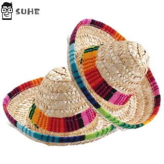 Suhe 2Pcs colorido Sombrero de paja mascota disfraz adornos para mascotas mexicana gorra de paja gato perro suministros hebilla ajustable Sombrero