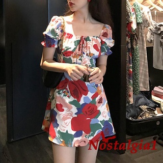 Mini Vestido de mujer con estampado Floral/Manga corta/cuello cuadrado/frontal A-Line