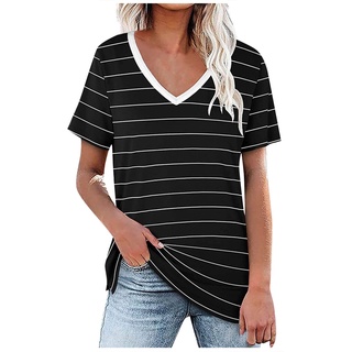 Mujer camiseta verano manga corta cuello en V camiseta lateral hendidura Casual rayas Top