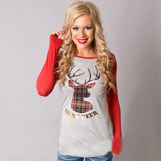 Hermosabeauty Camiseta De Manga larga con cuello redondo estampado De ciervo pequeño De navidad para mujer