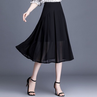 Falda de gasa negra Falda drapeada de cintura alta Falda plisada de longitud media