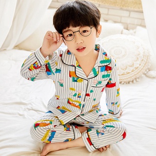 Pijamas niños niño Baju Tidur Remaja Casual de manga larga Pijamas de dibujos animados impreso solapa Nightie absorbe la humedad Unisex para niñas y niños de algodón ropa de sueño
