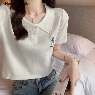 [nanjingxinbi] nuevo oso lindo bordado camisas polo mujeres verano nuevo coreano manga corta crop tops casual camisetas [caliente]