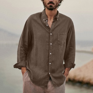 hombres camisas botón abajo cuello solo botonadura color sólido verano algodón lino hombres moda manga larga tops para citas (7)