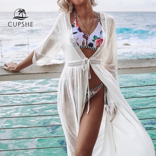 Cupshe blanco espalda abierta auto-tie Bikini cubrir Sexy encaje hasta vestido largo cubre mujeres 2021 verano playa traje de baño ropa de playa