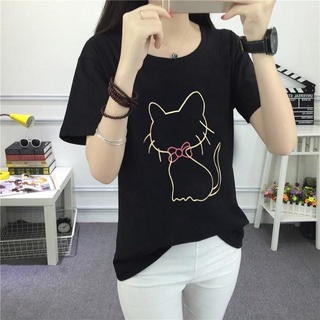 gato impresión divertida t-shirt mujeres harajuku lindo gatito tee verano casual negro tops manga corta algodón top t-shirt