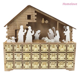 HLove Nativity Manger Scene Wooden Advent Calendar Battery-Operated LED Lighted Christmas Countdown Ornament with Drawers Box Xmas Decoration Gifts