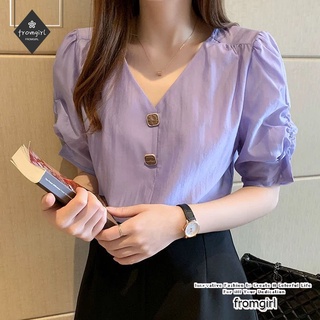 Mujer manga corta gasa camisa verano 2021 nueva suelta cuello en V manga puff camisa púrpura