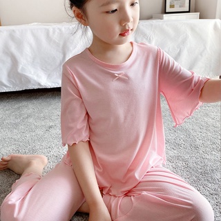 verano de los niños modal hilo traje pijamas bebé niña niño media manga delgada traje de aire acondicionado habitación ropa de hogar (6)