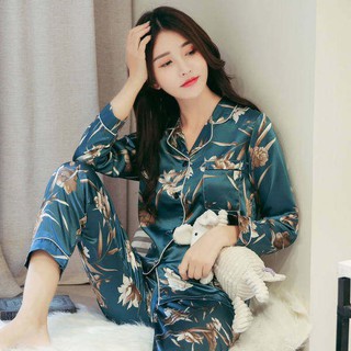 Alta calidad M-5XL mujeres pijamas conjunto de ropa de dormir pijamas baju tidur hielo seda flor de manga larga ropa de hogar