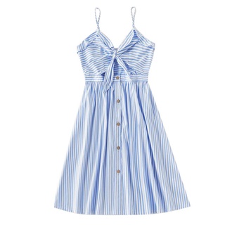 ✲Hp❥Madre-hija vestido de verano, rayas Strappy V-cuello botón abrir una línea de coincidencia falda para las mujeres, niñas, azul