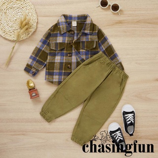 Chf-boys ocio conjunto de ropa, impresión a cuadros de manga larga solapa cuello botón camisa+pantalones de Color sólido