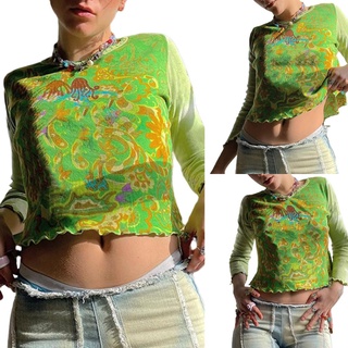 La-mujer cuello redondo Crop Tops, manga larga impresión abstracta lechuga recorte camisetas ajustadas