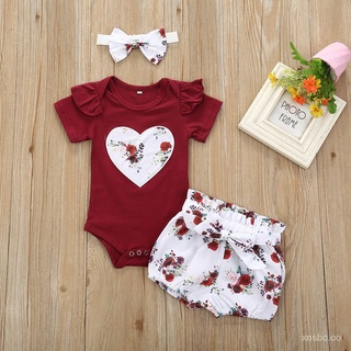 🎊[EFE] 3 piezas de ropa de bebé niñas bebé conjunto de ropa Floral mameluco mono Bowknot Shorts trajes 7h4N