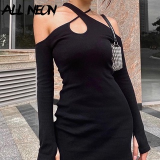 Allneon Mall Goth Y2K Cross-Criss Halter negro Mini vestido E-girl Streetwear hombro fuera de manga larga Bodycon vestidos hueco