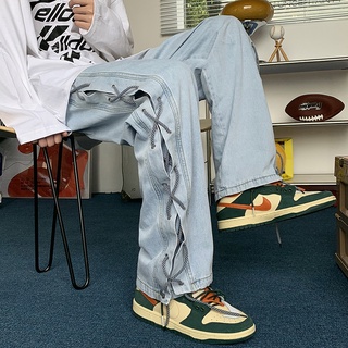 Tubo recto suelto jeans de los hombres de otoño tendencia versátil vendaje cordón ancho de la pierna pantalones de moda marca diseño pantalones