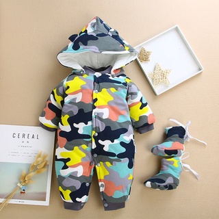 Newborn Infant Baby Boy Warm Thick Hooded Camouflage Jumpsuit Shoes Outfits Set