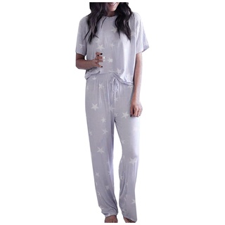 mujeres impreso ropa de dormir cuello redondo manga corta tops con pantalones largos pijama conjunto (2)