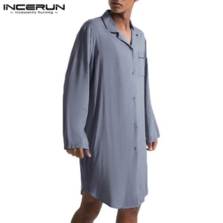 incerun mens casual color sólido manga larga solapa larga pijamas