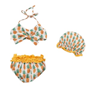 ❀Kr✿3 piezas transpirables niñas pequeñas traje de baño, verano niños piña impresión encaje Top Split traje de baño + sombrero