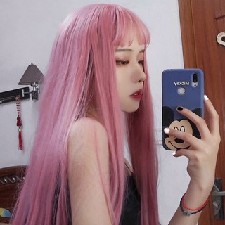 Las Mujeres Peluca Flequillo Largo Liso Rosa Cabello Humano Peinado Realista Completa Tocado Esponjoso Cosplay Anime (6)