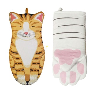 Yu 3D de dibujos animados de gato patas de horno manopla larga de algodón hornear aislamiento guantes de microondas resistente al calor guantes antideslizantes