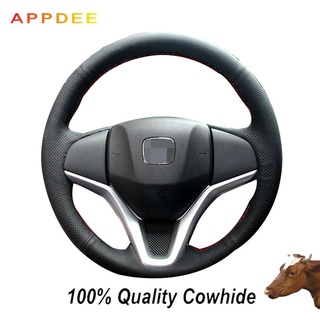 Black First Layer Real cowhide Leather Steering Wheel Cover for honda apto cidade jazz 2014 2015 hrv HR-V 2016