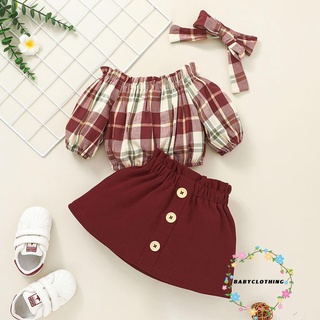 Bbcq-baby Girl Tops, falda traje, manga larga fuera del hombro cuadros Crop camisa de cintura alta A-vestido botones medio vestido + diadema