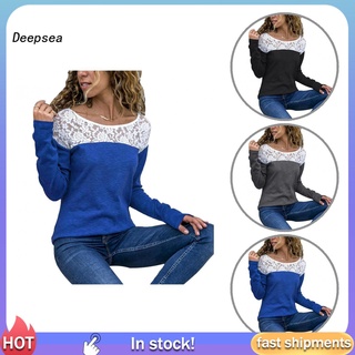 dpa mujeres casual cuello redondo manga larga top encaje patchwork jersey más el tamaño de la camiseta